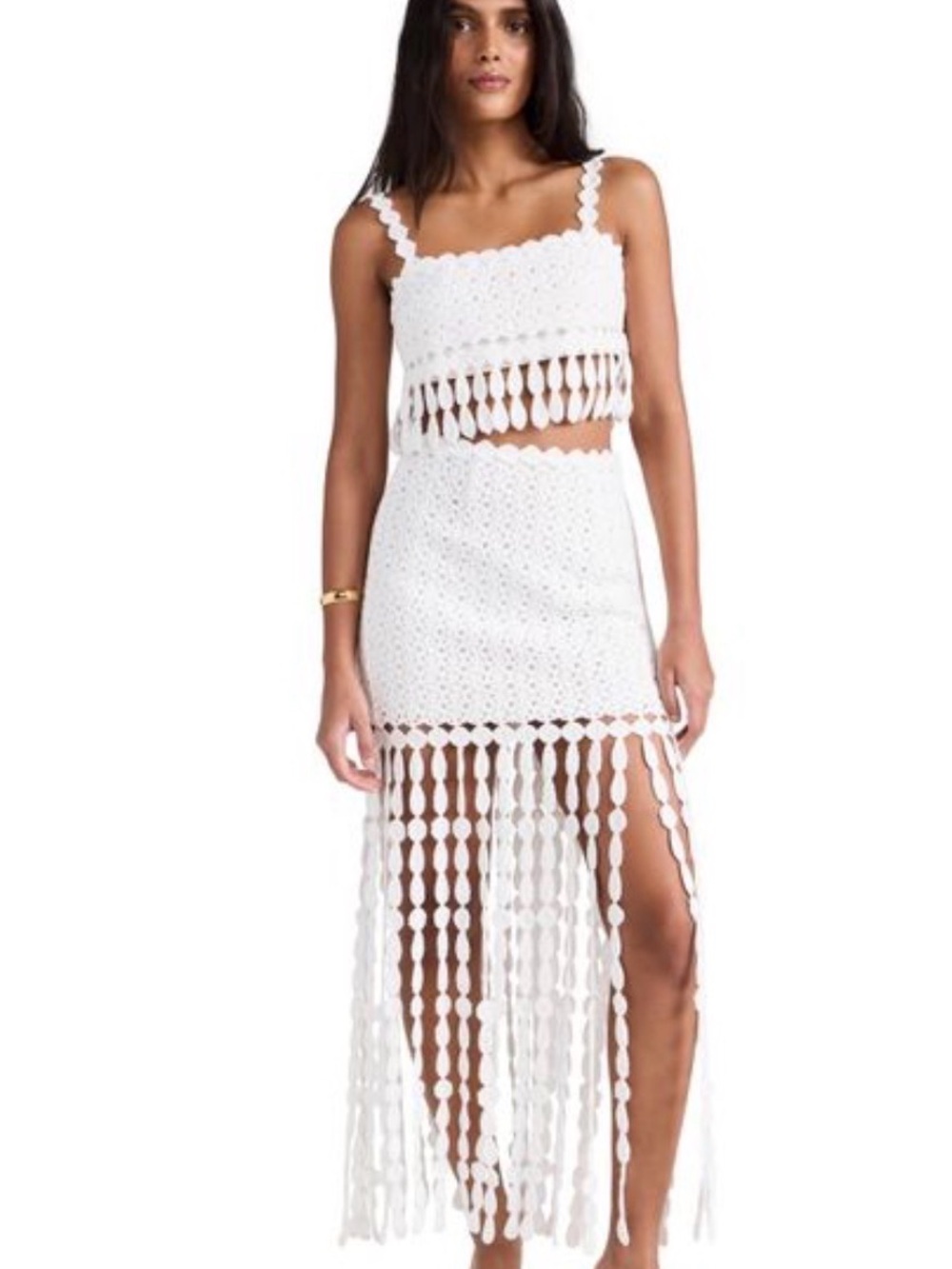 SAYLOR White Crochet Fringe Two-Piece Skirt Set